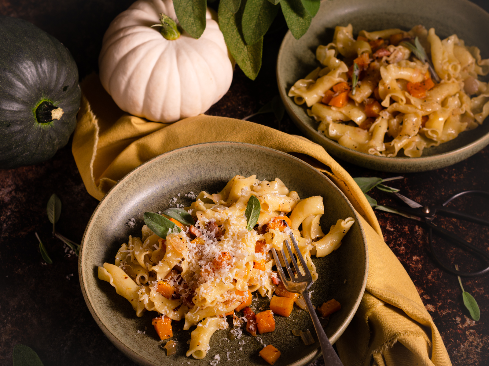 A lovely warming bowl of pasta with a browned butter, pumpkin and bacon sauce.