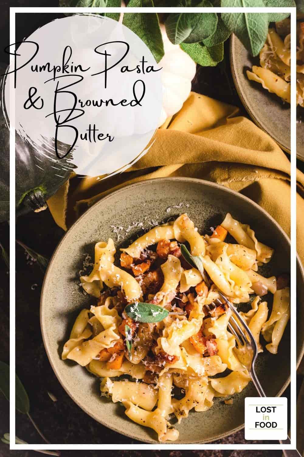 A pinterest image for browned butter pumpkin pasta.