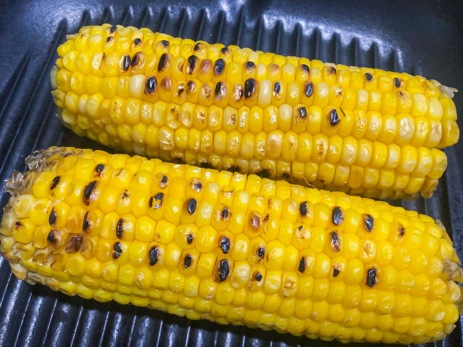 2 corn on the cob being charred on a hot grill pan.