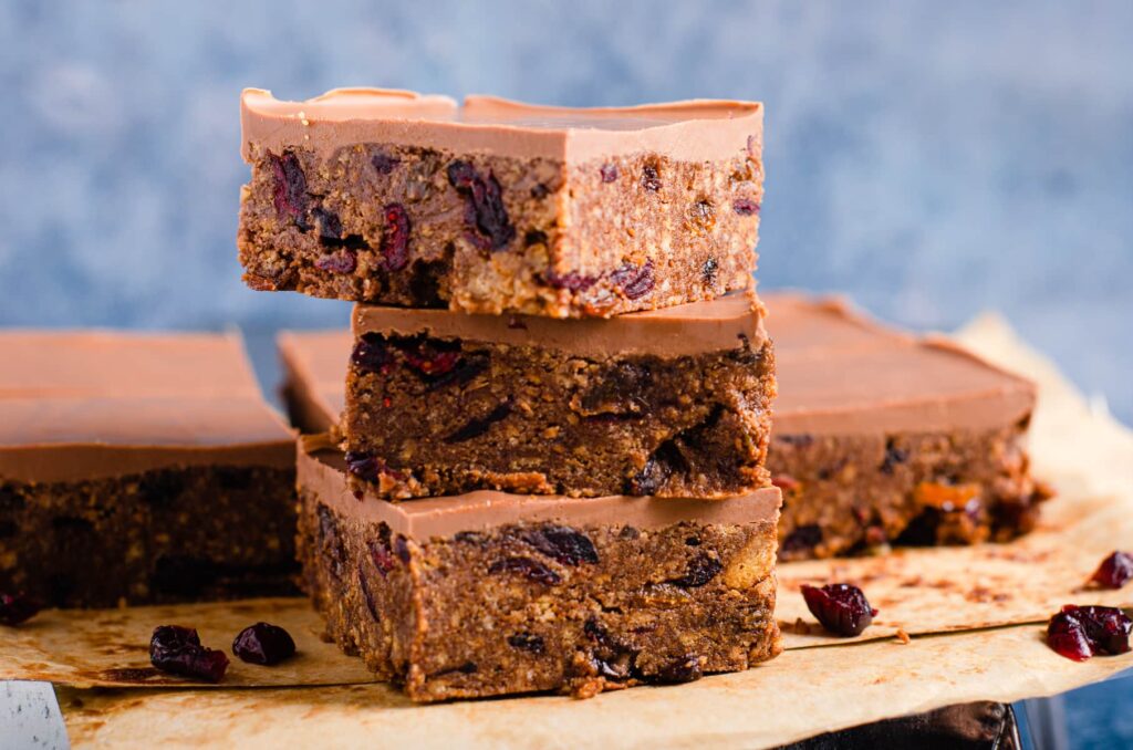 A stack of mincemeat and cranberry tiffin slices.