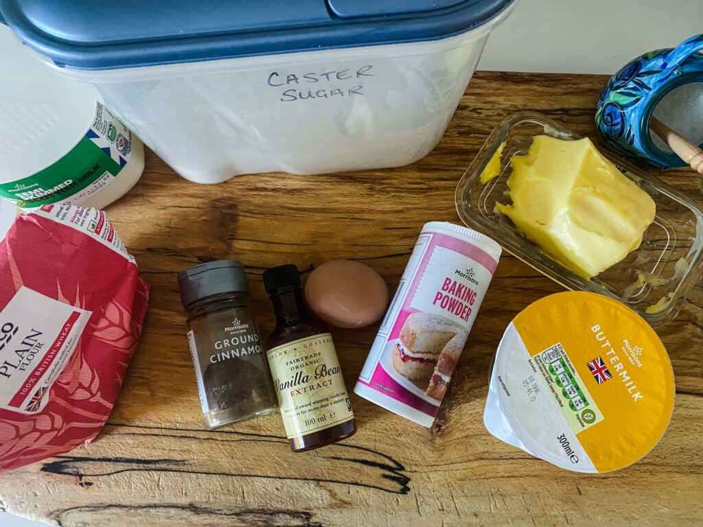 Ingredients to make fresh buttermilk pancakes flavoured with cinnamon.