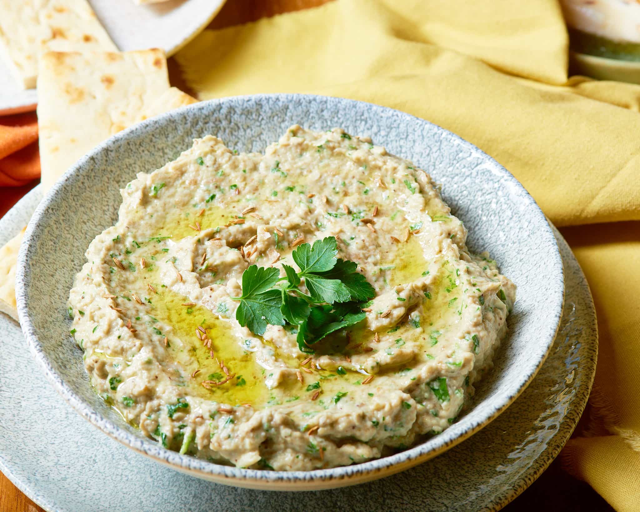 A delicious and fresh baba ganoush dip topped with parsley in a mottled grey serving dish.