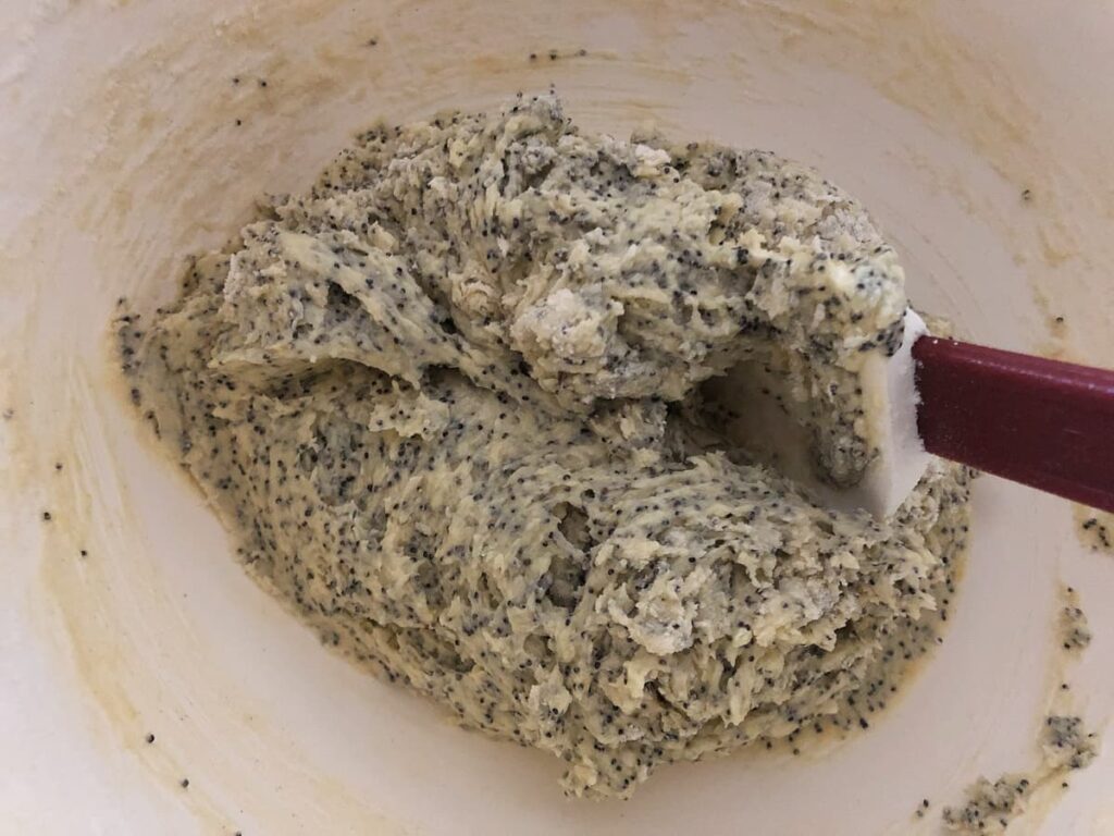 Lemon poppy seed cake batter ready for putting into a prepared tin for baking.