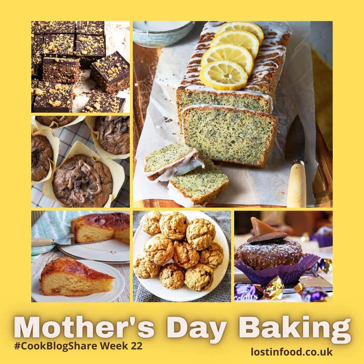 A collage of baking recipes fit for Mothers Day Baking.