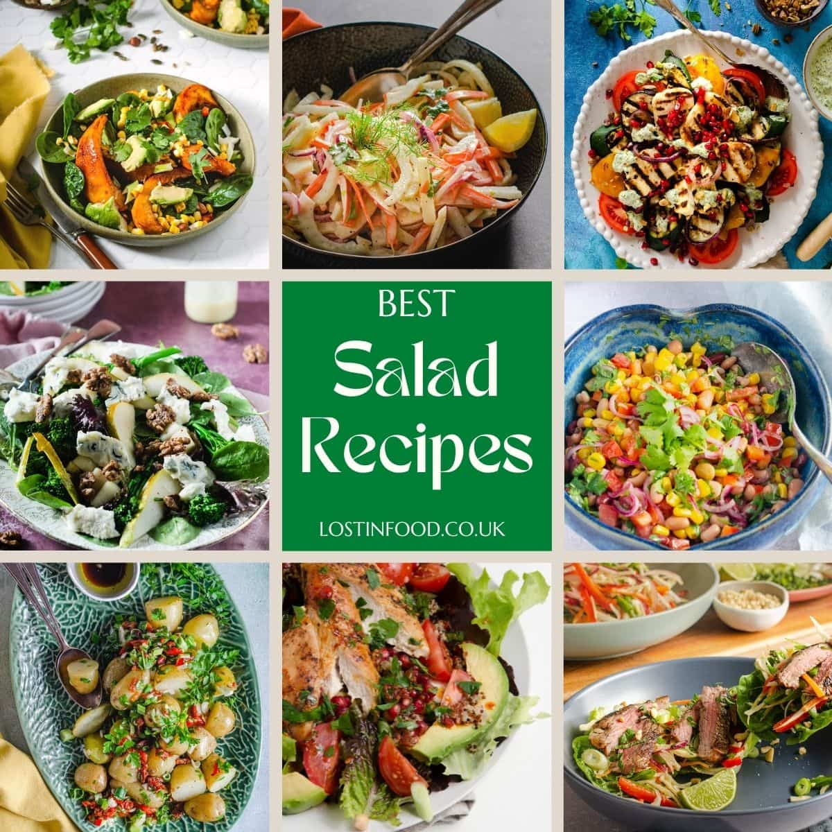 A collage of salad recipe images.