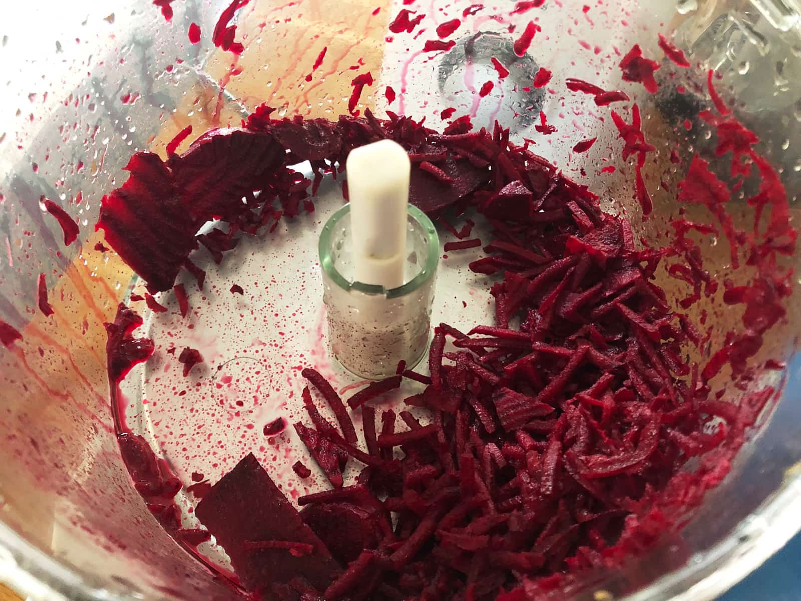 Fresh, raw beetroot grated finely in a food processor.