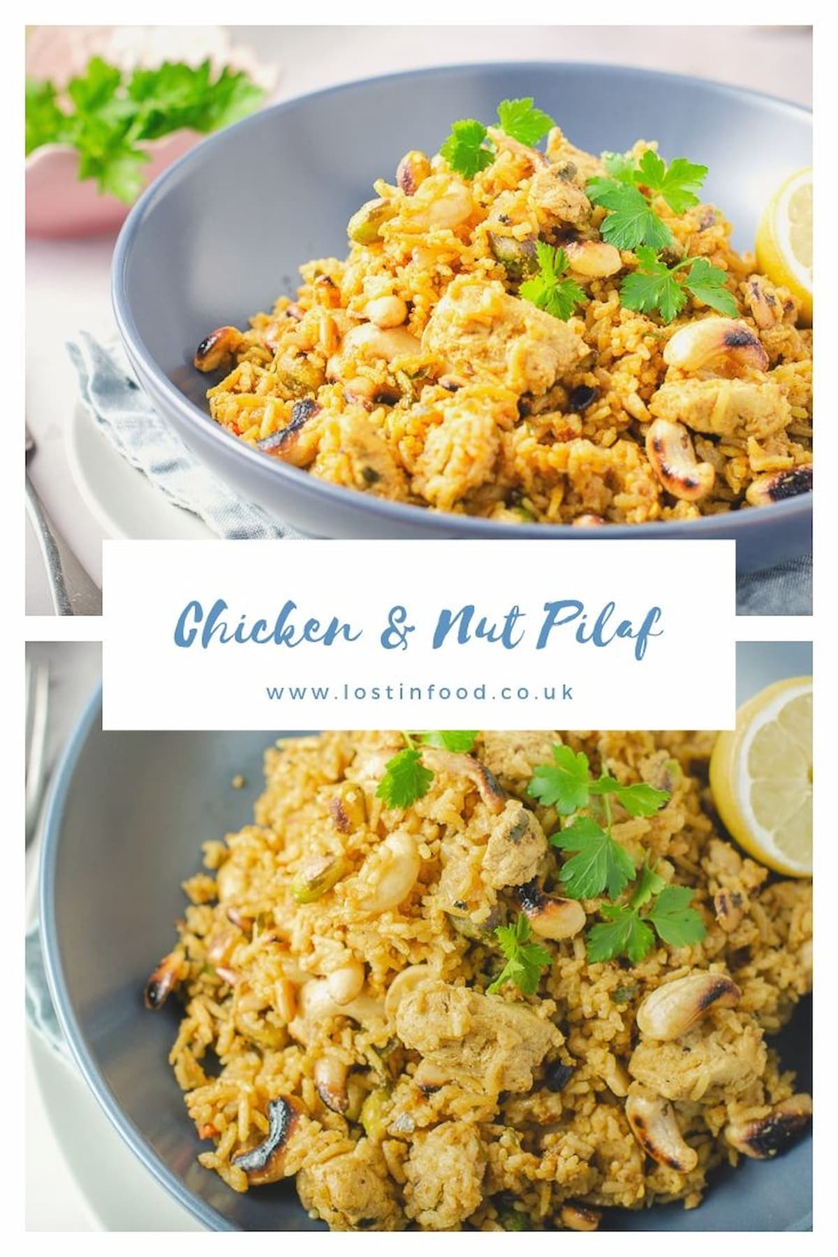 Pinnable image with recipe title and 2 images of nutty chicken pilaf