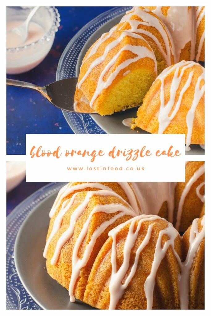 pinnable image with recipe title and two images of blood orange cake with blood orange drizzle icing set on a glass plate