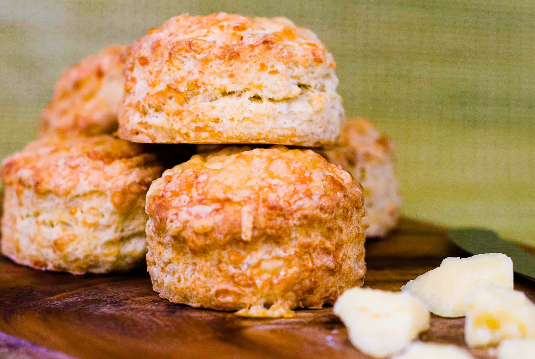 cheese scones set onto a wooden board