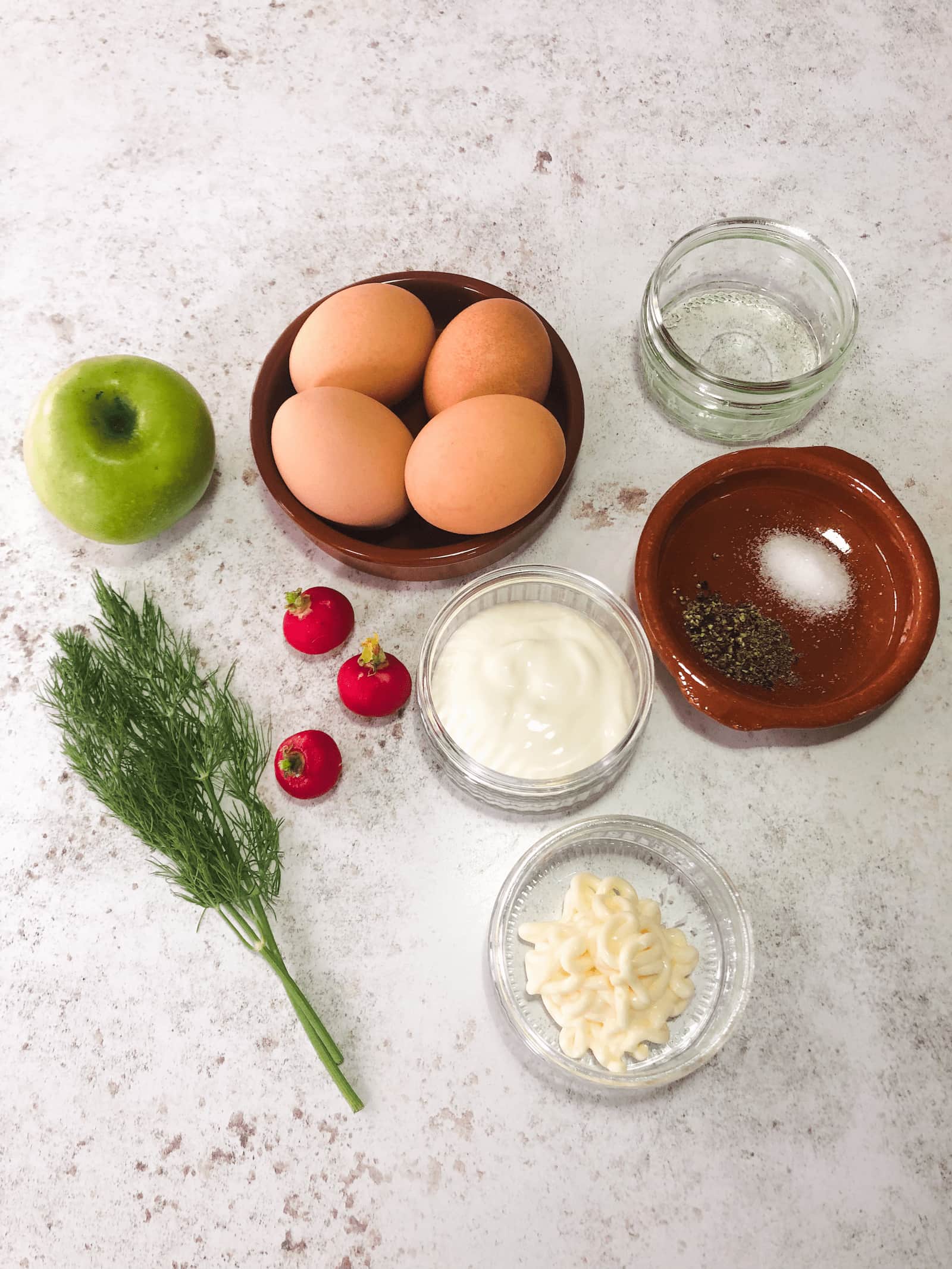 egg salad recipe ingredients set into small bowls