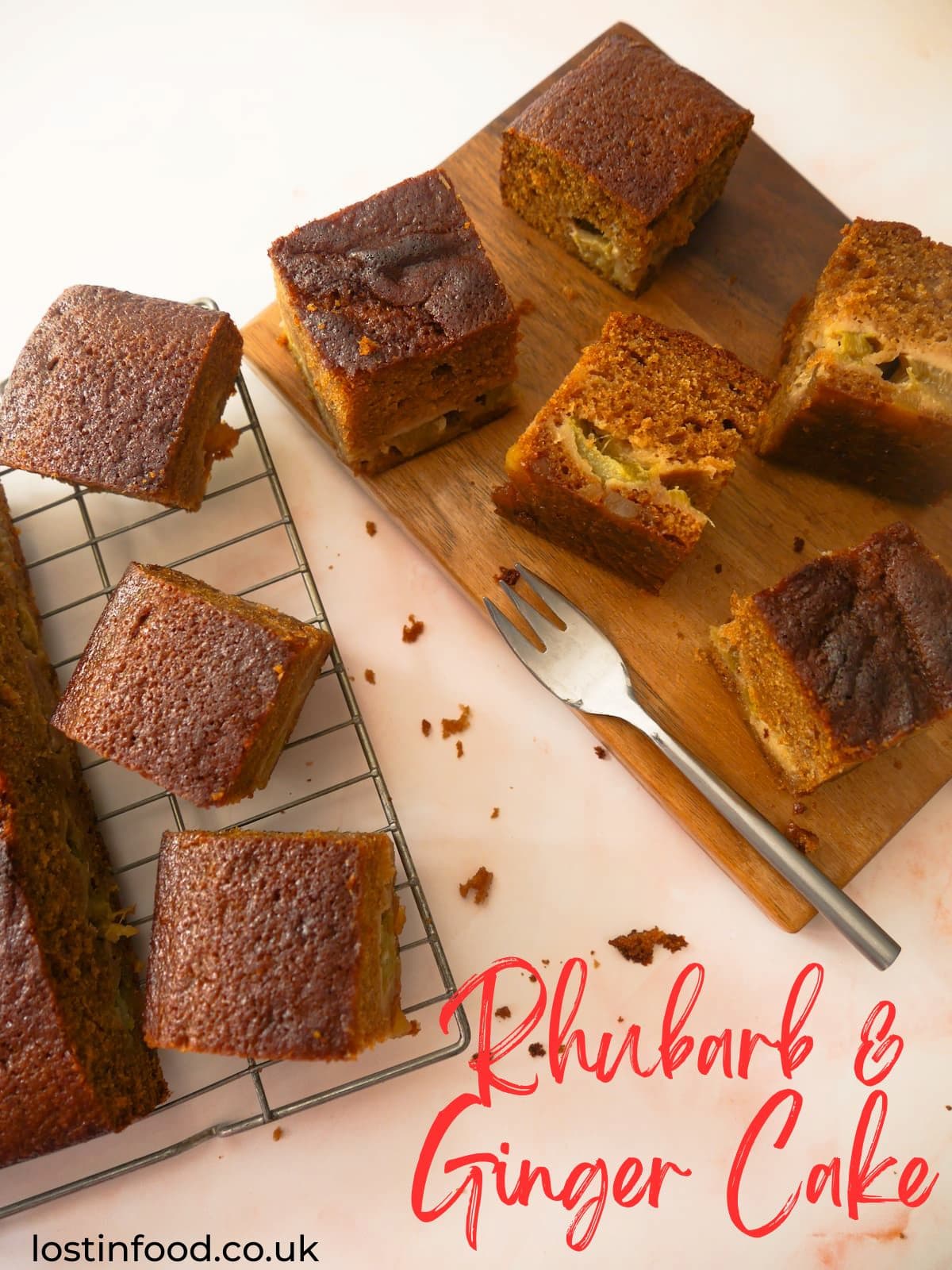 Pinnable image with recipe title and rhubarb and ginger cake set on a wire rack with a wooden board topped with slices of cake set alongside.