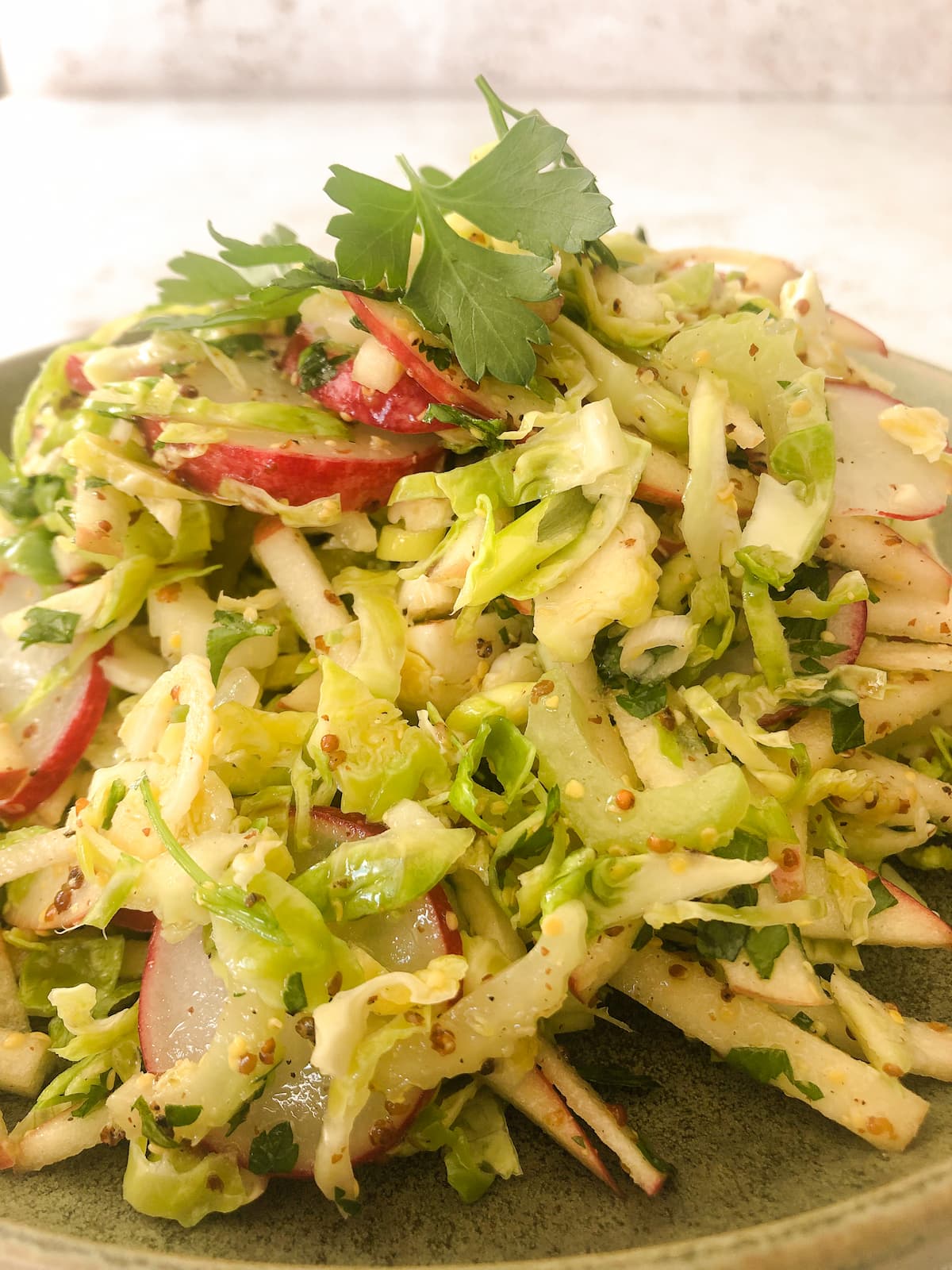 A green bowl filled with dressed shredded Brussels sprouts, red apple, celery and sliced radish, garnished with parsley.