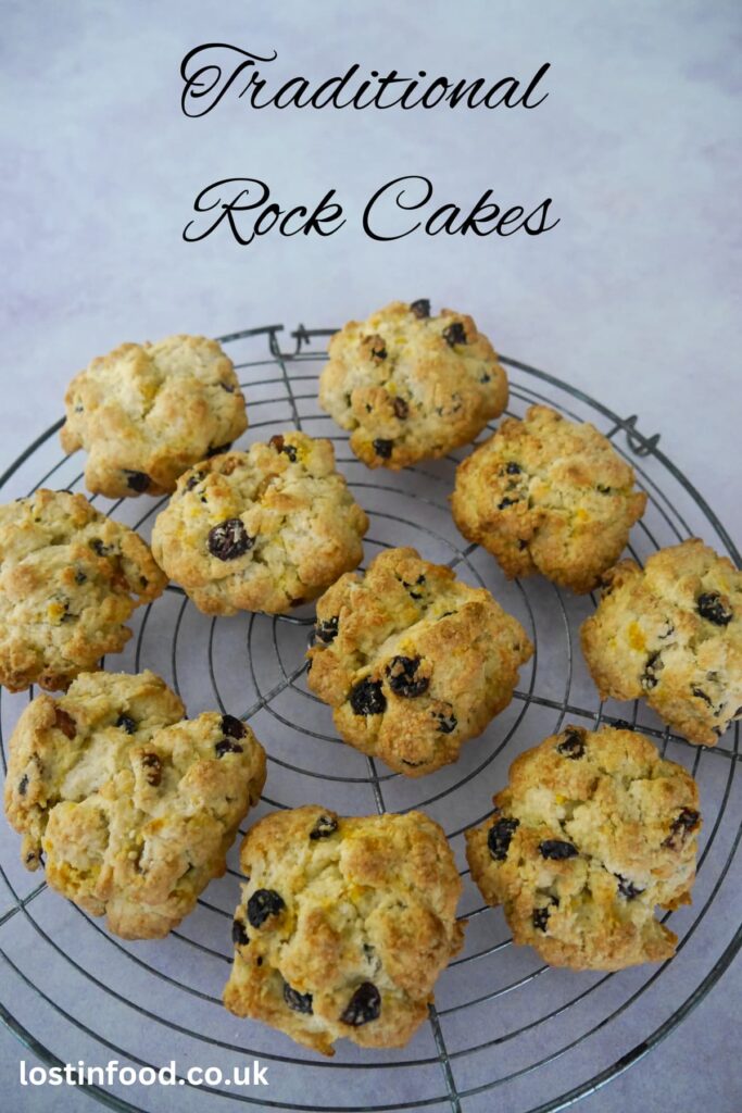 Pinnable image with recipe title and circular wire rack topped with 10 rock cakes.