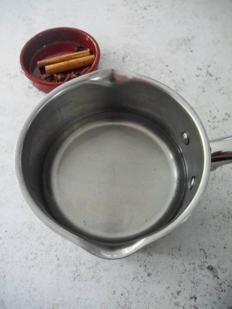Water and sugar combined and melted in a small saucepan.