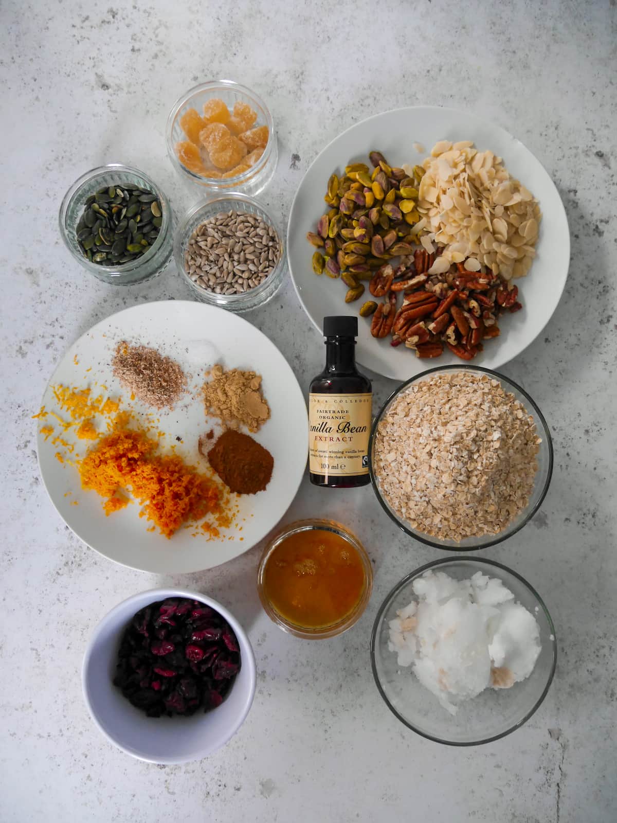 Christmas spiced granola recipe ingredients.