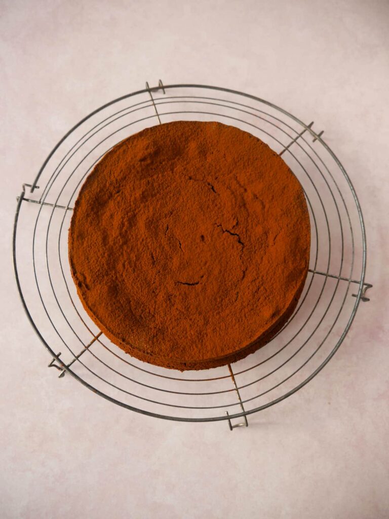 A flourless chocolate cake set on a wire rack with a dusting of cocoa powder on top.