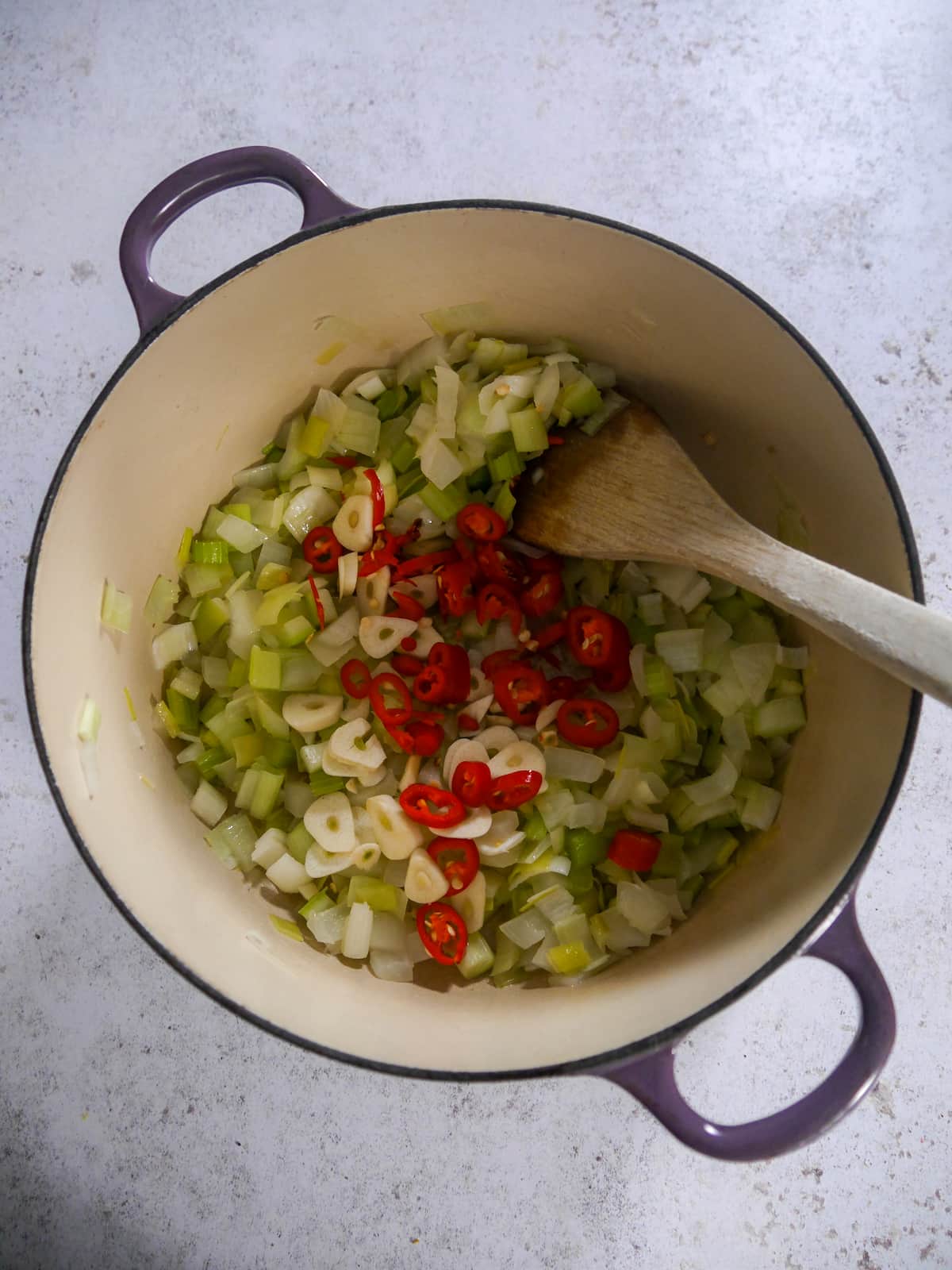 A Dutch oven with added diced onion, leek, celery, garlic and red chilli.