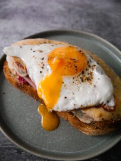 Toasted croque madame toasted sandwich topped with a fried egg.