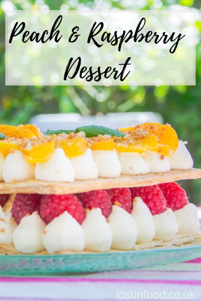 Pinnable image with recipe title and peach and raspberry mille feuille pastry dessert on a green plate.