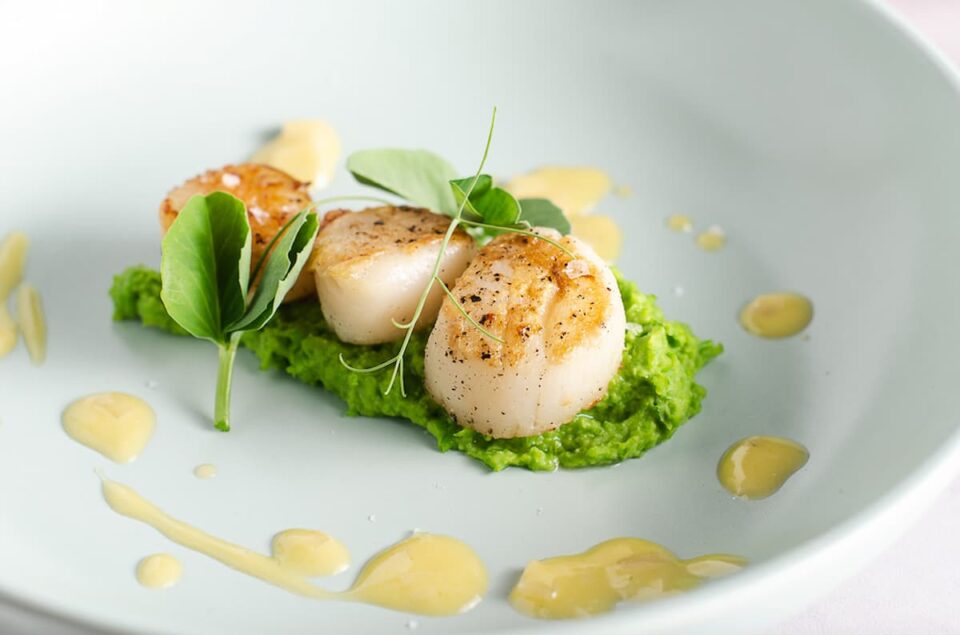 Seared Scallops with Pea Puree & Butter Sauce