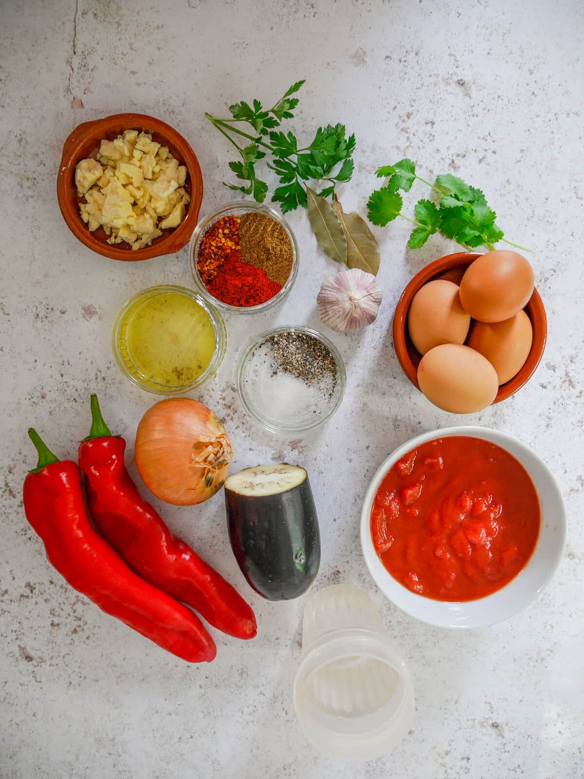 Individual shakshuka recipe ingredients.
