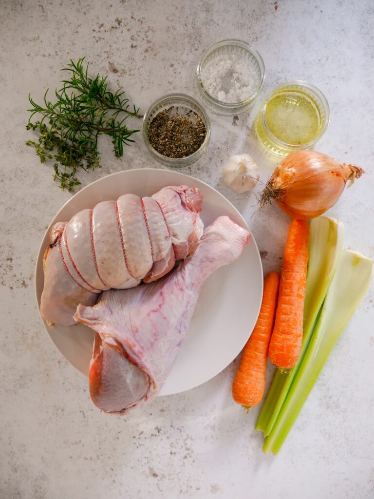 Recipe ingredients for preparing roast turkey leg.