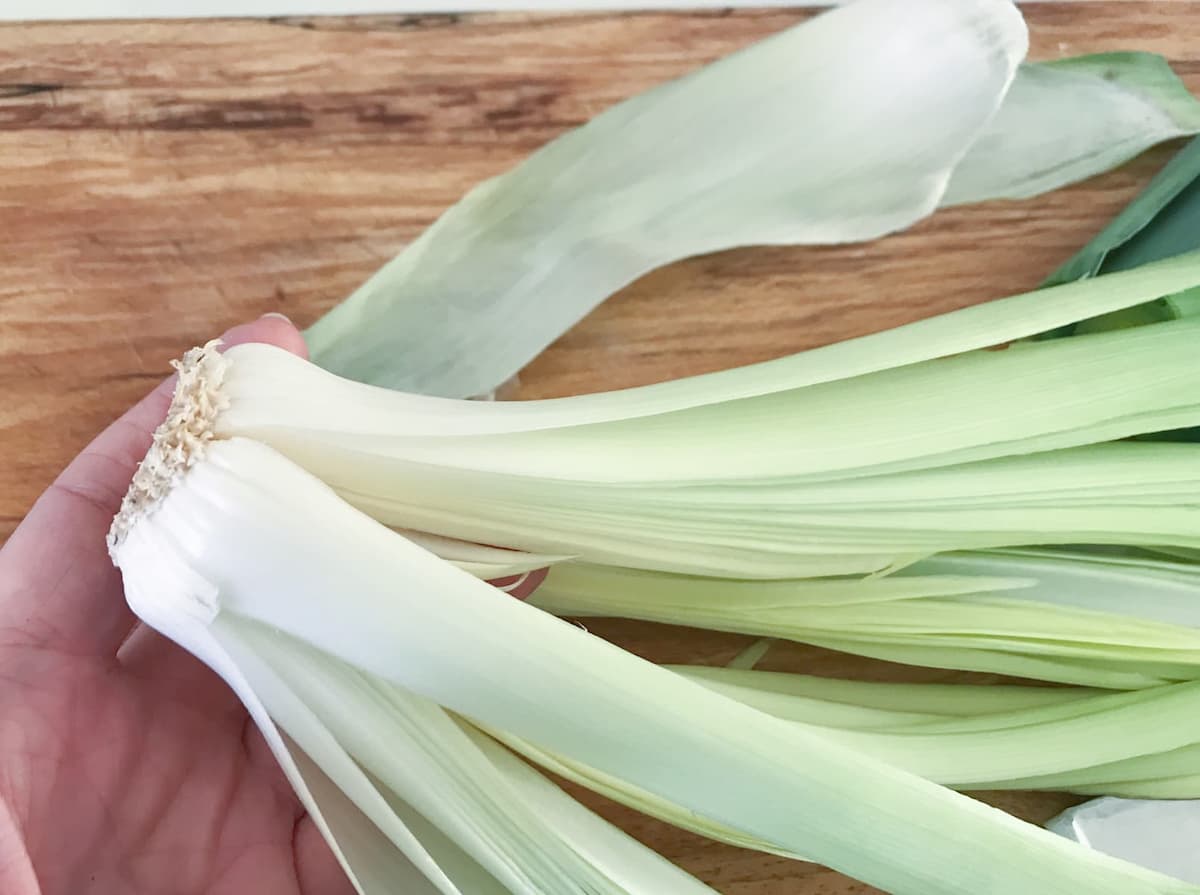 A whole leek, quartered with the base of the leek still intact.