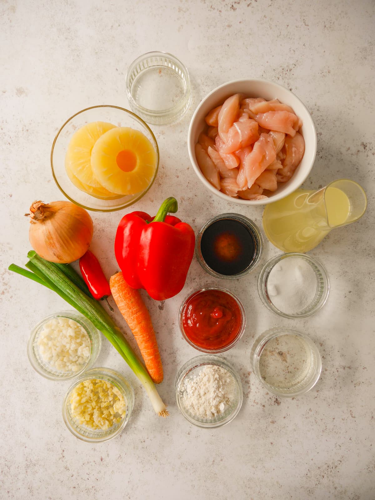 Individual recipe ingredients for sweet and sour chicken.