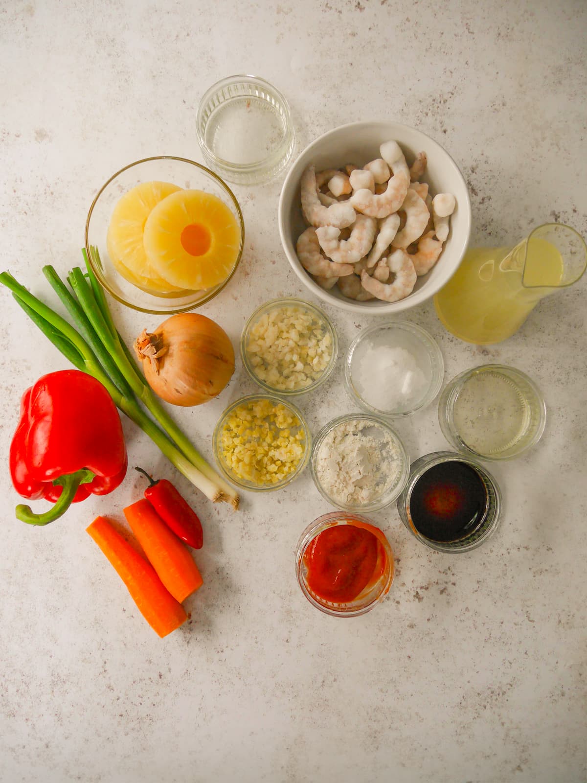 Individual recipe ingredients for sweet and sour prawns.