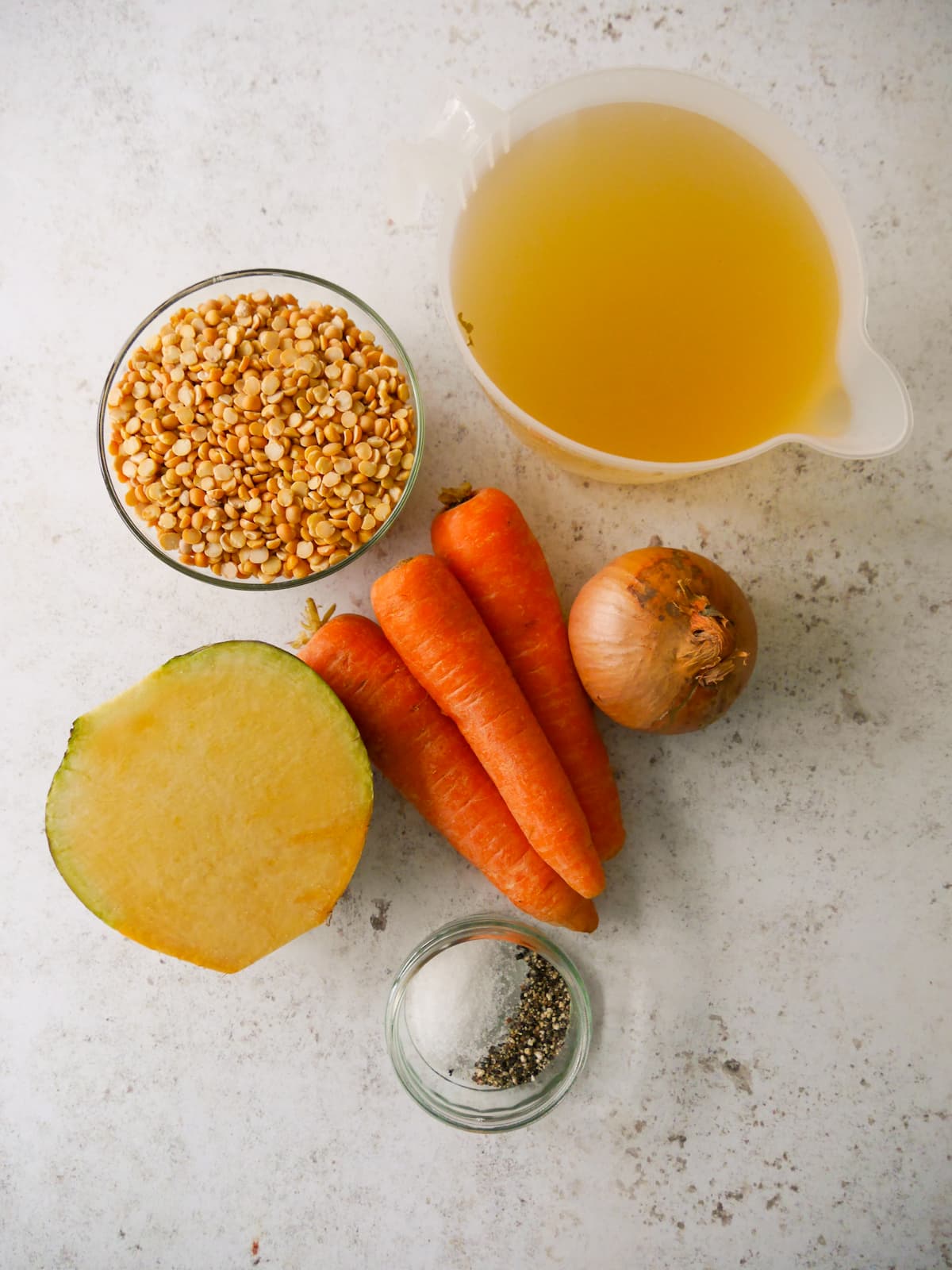 Individual recipe ingredients for Scottish yellow split pea soup.