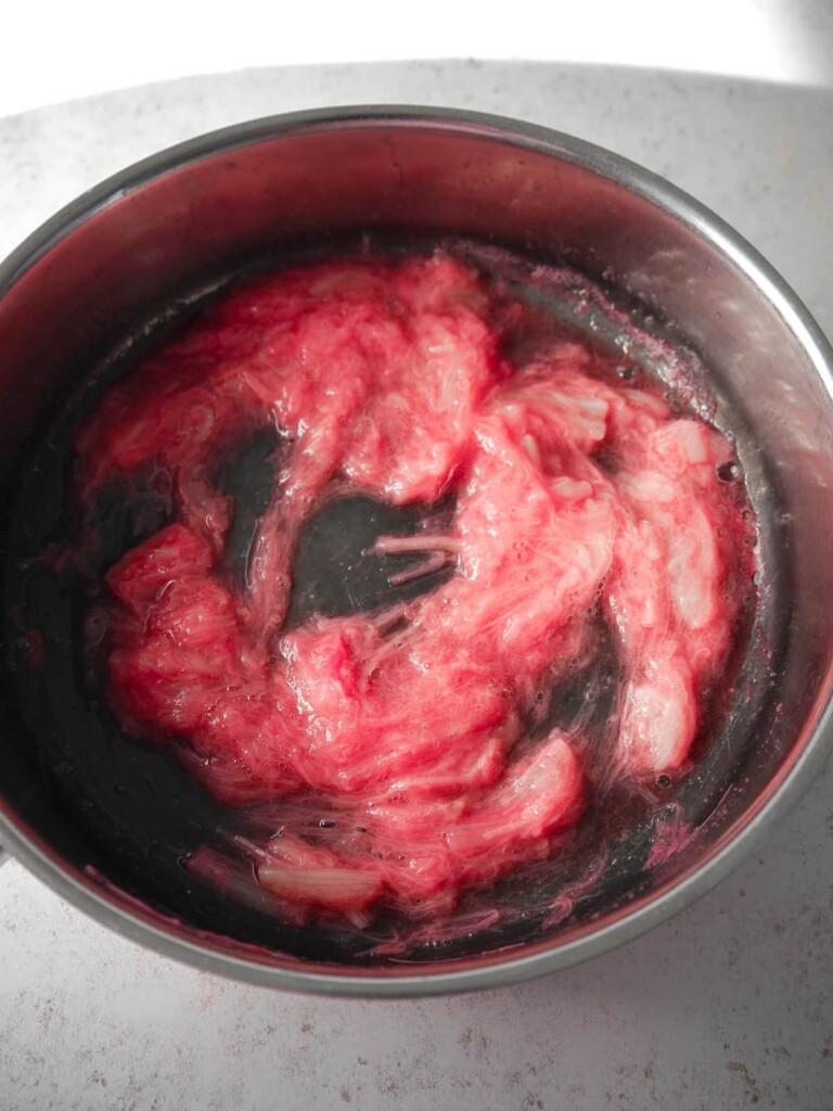 A large pan of stewed rhubarb.