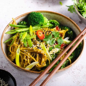 A bowl of stir fried vegetables with egg noodles and garnished with spring onion, sliced red chilli and coriander leaf.