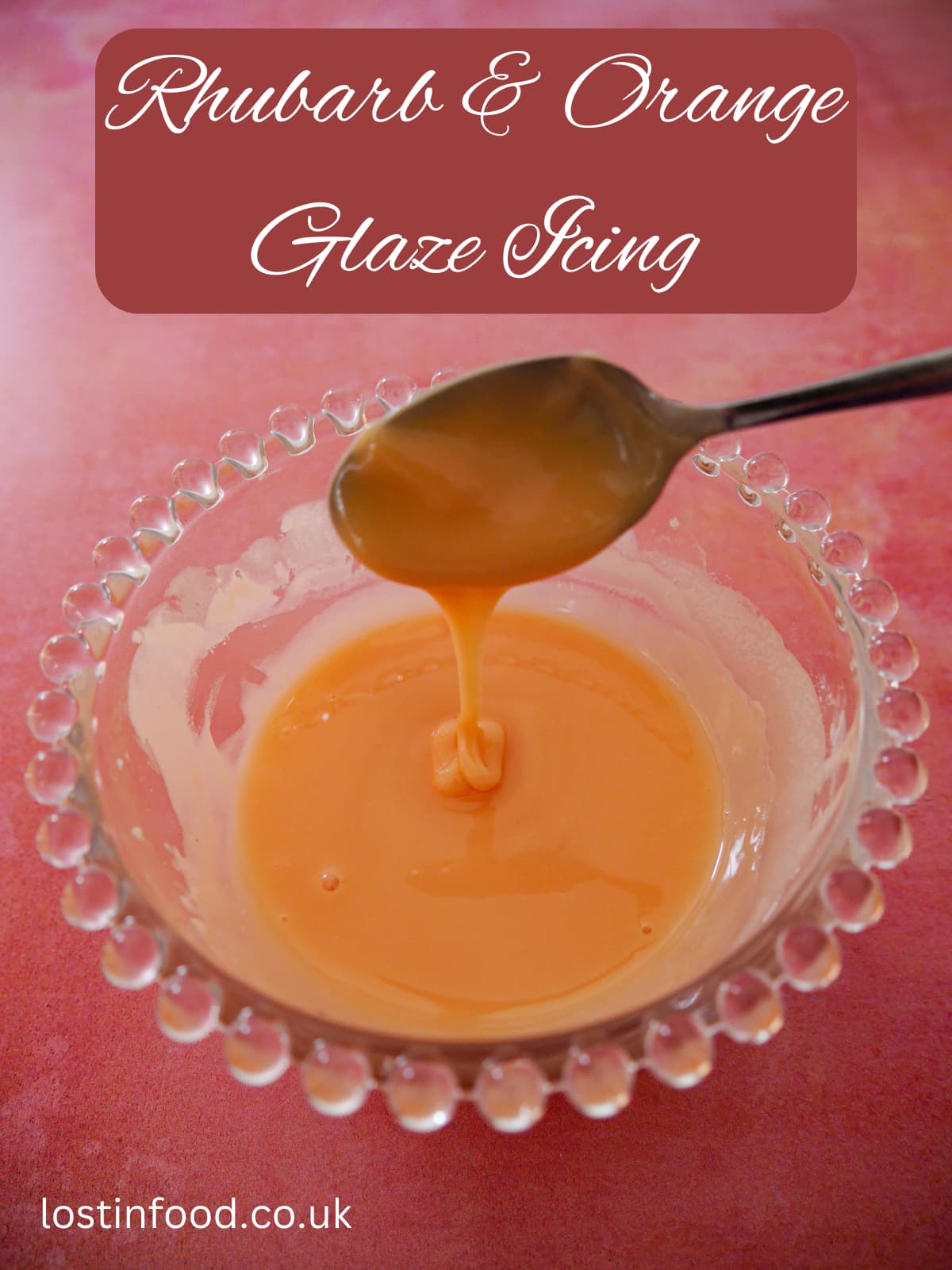 Pinnable image with recipe title and a bowl of rhubarb and orange glaze icing.