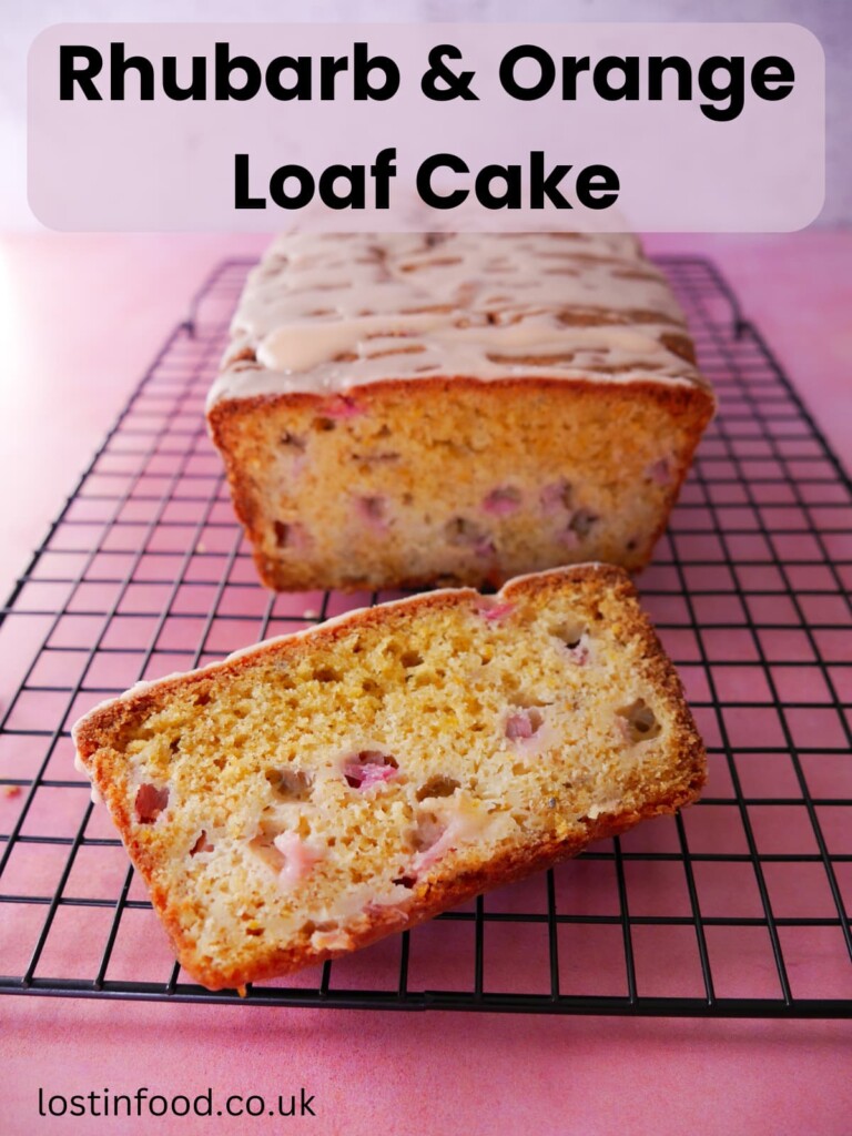 Pinnable image with recipe title and rhubarb and orange loaf cake set on a wire cooling rack.