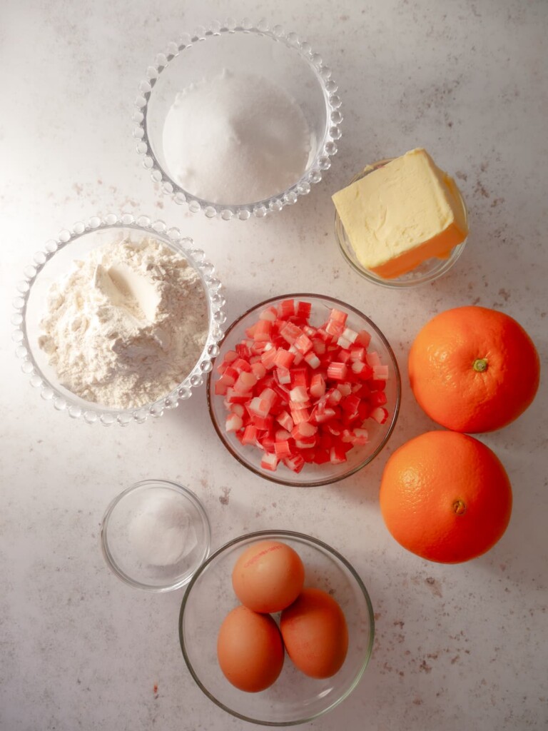 Individual recipe ingredients for rhubarb and orange loaf cake.