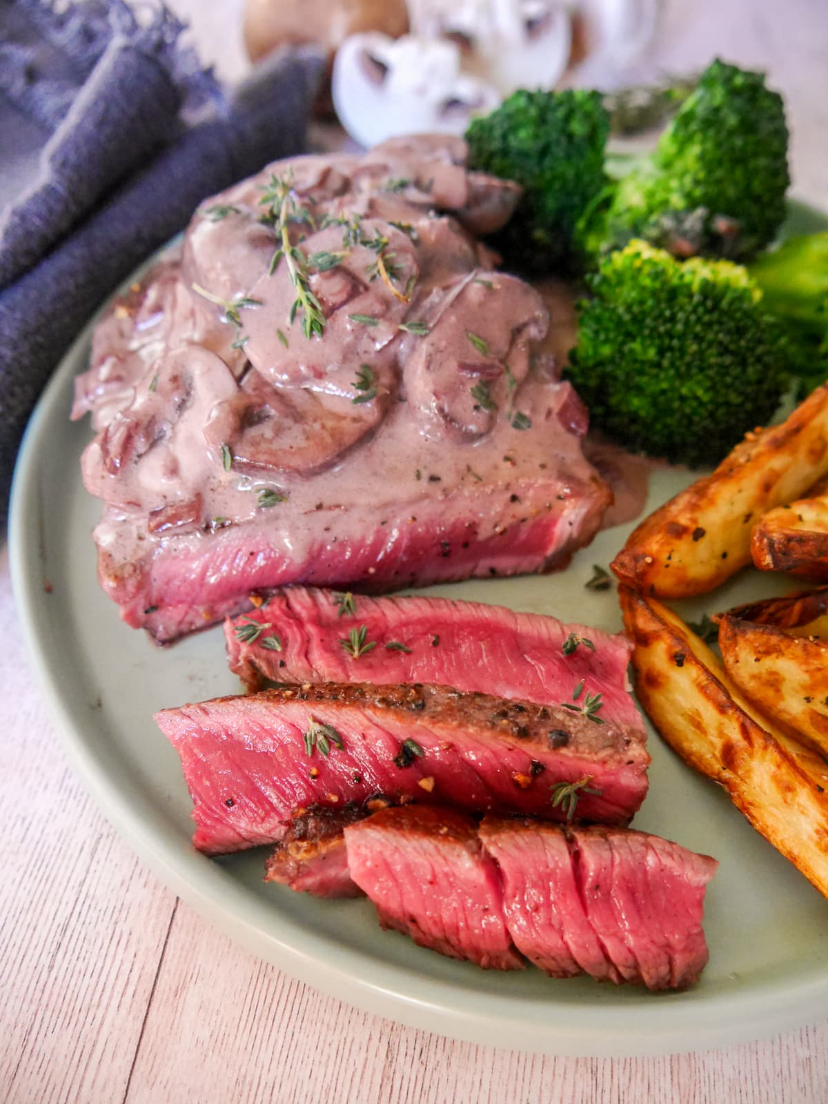 A plate of medium rare sirloin steak, topped with a red wine mushroom sauce and served with a side of potato wedges and steamed broccoli.