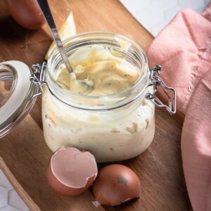 A jar of homemade mayonnaise.