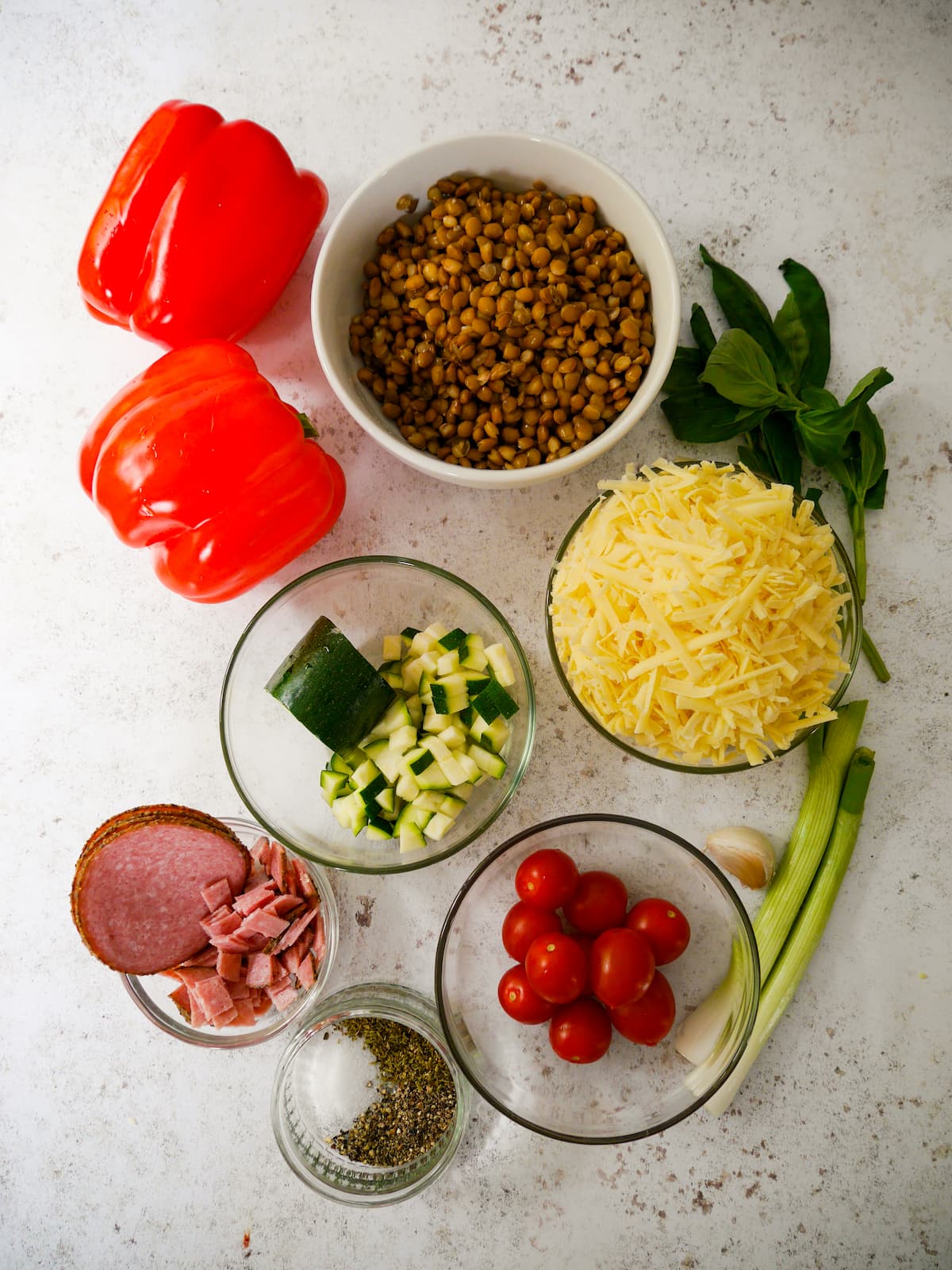 Individual recipe ingredients for high protein stuffed peppers.