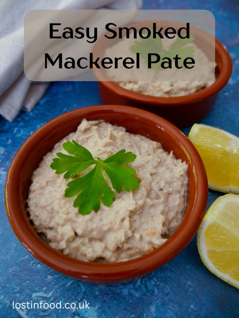 Pinnable image with recipe title and 2 bowls of smoked mackerel pate with wedges of lemon set alongside.