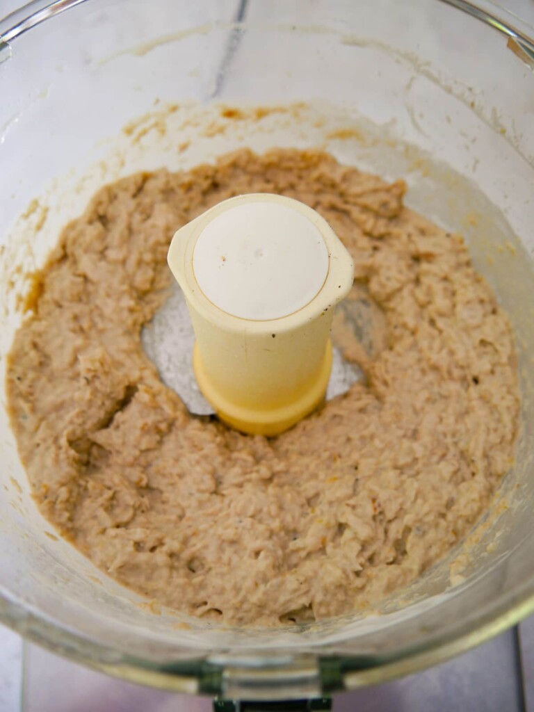 A food processor with blitzed smoked mackerel pate.