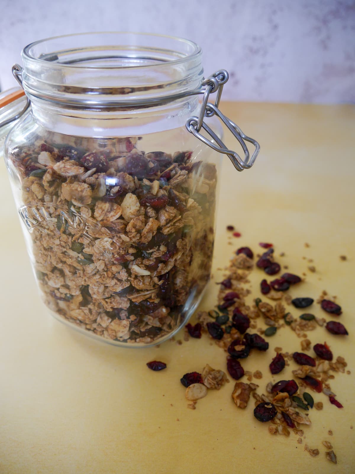 A jar of spiced cranberry granola.