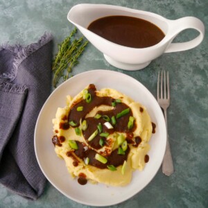 A bowl of creamy mashed potatoes topped with vegan gravy and garnished with sliced green onions, with a gravy boat of gravy set alongside.