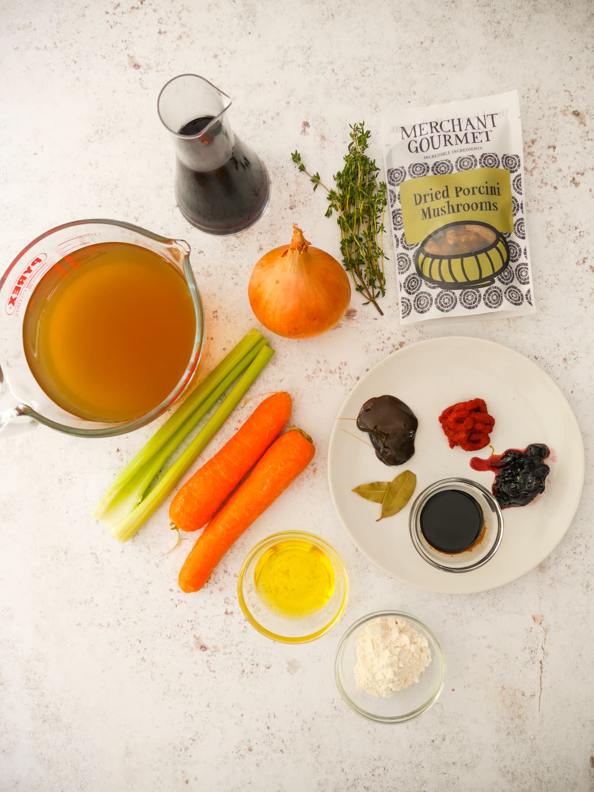 Individual recipe ingredients for making vegan gravy.