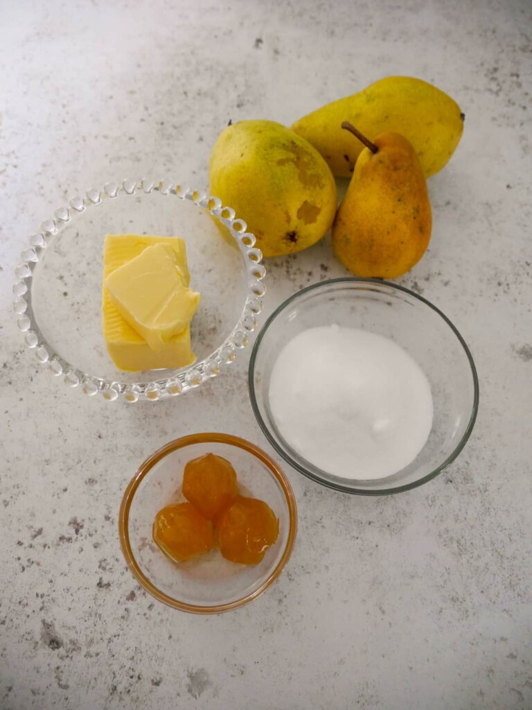 Individual recipe ingredients for the poached pear and ginger topping for sponge puddings.