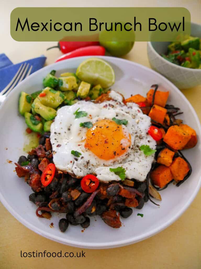 Pinnable image with recipe title and a bowl of cooked chorizo and black beans, roasted sweet potato and avocado salsa topped with a fried egg.