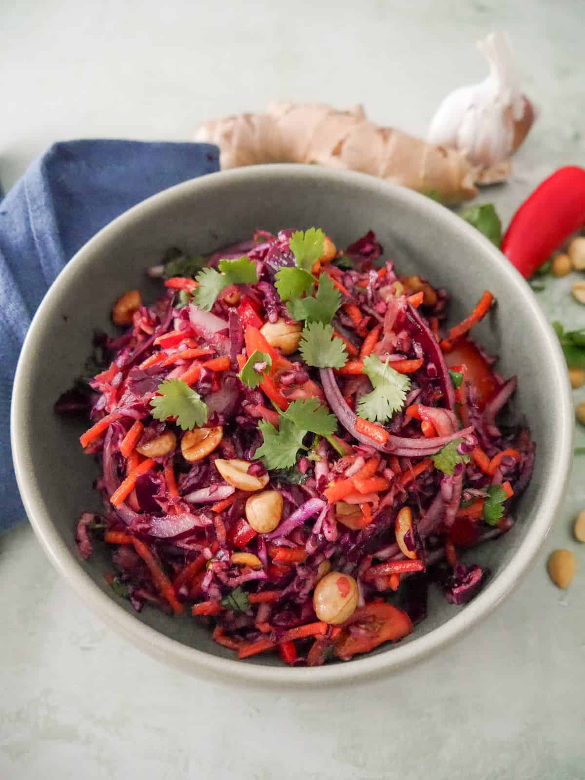A bowl of roasted peanut and ginger slaw garnished with coriander leaf, with fresh ginger root, a bulb of garlic, red chilli, and peanuts set alongside.