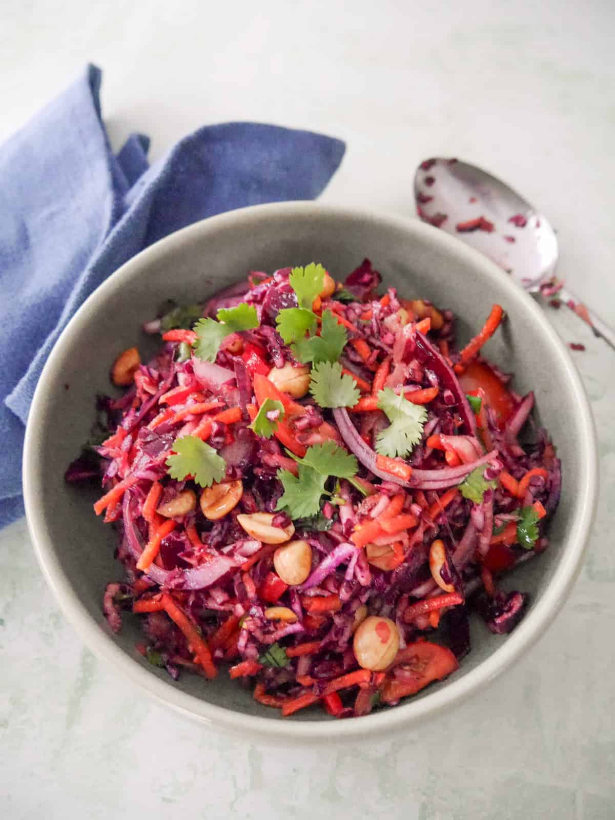 A bowl of roasted peanut and ginger slaw garnished with coriander leaf.