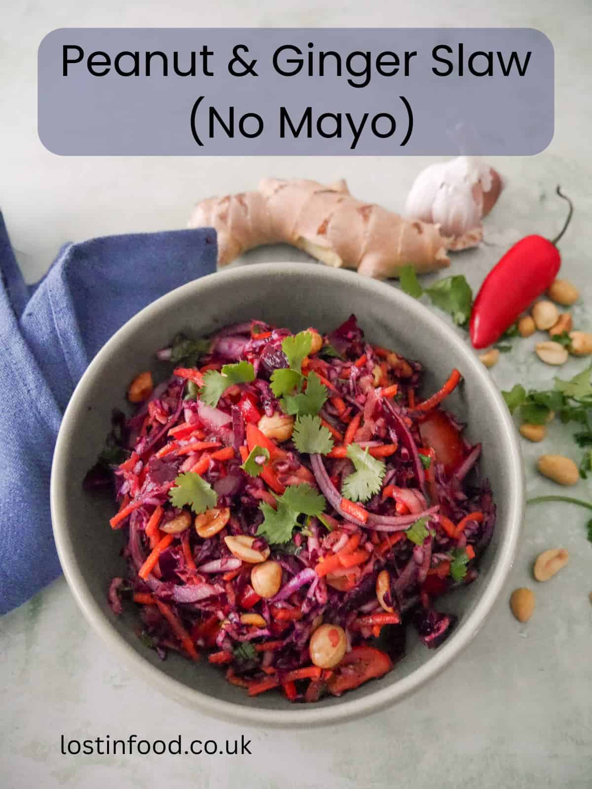 Pinnable image with recipe title and a bowl of roasted peanut and ginger slaw garnished with coriander leaf, with fresh ginger root, a bulb of garlic, red chilli, and peanuts set alongside.