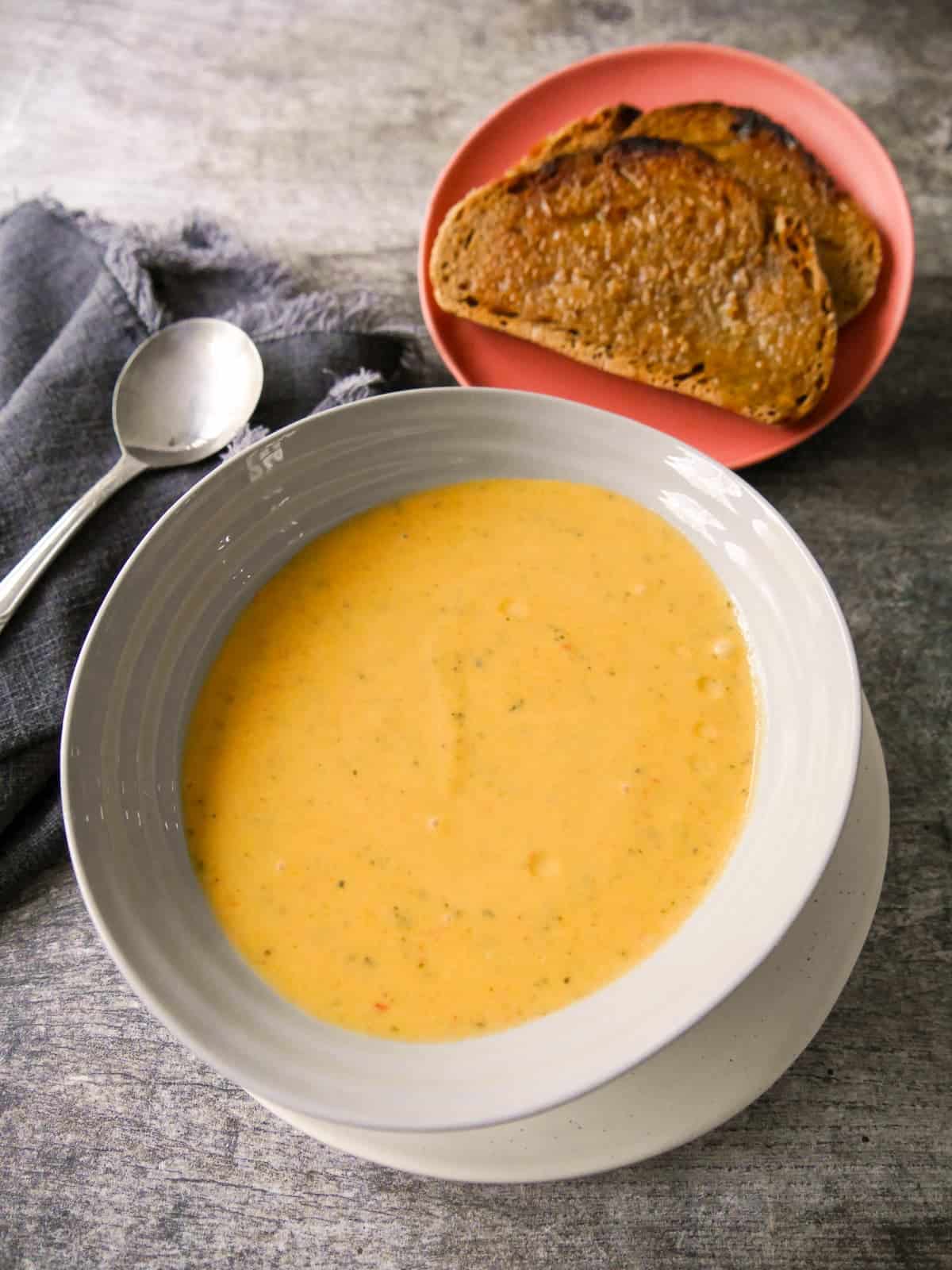 A bowl of courgette and pepper soup served with a side of toasted bread.