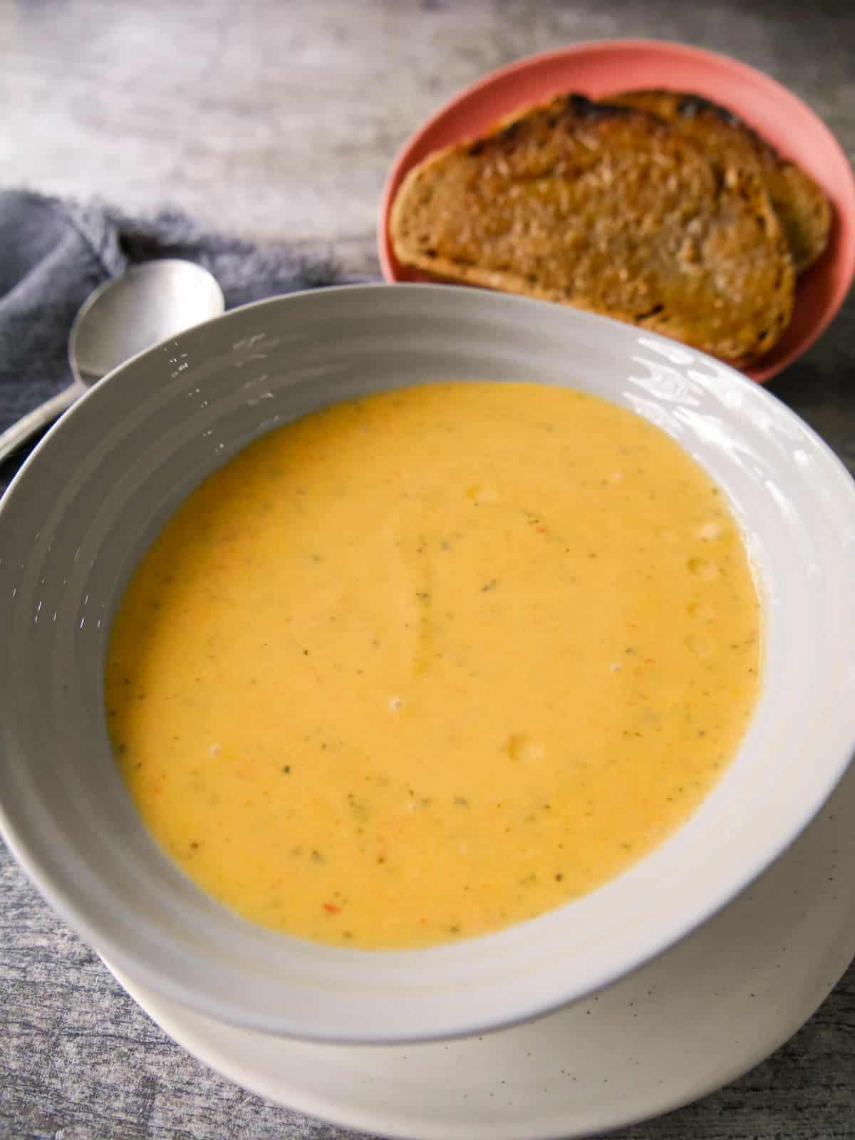 A bowl of courgette and pepper soup served with a side of toasted bread.